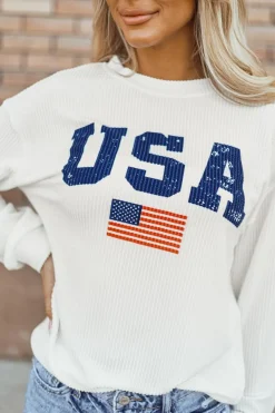 Hot Dear-Lover USA Flag Corded Graphic Sweatshirt White