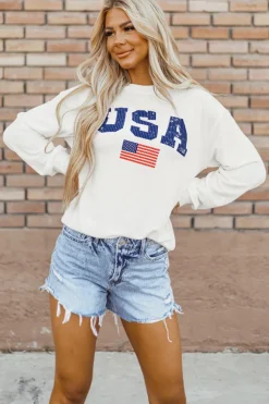 Hot Dear-Lover USA Flag Corded Graphic Sweatshirt White
