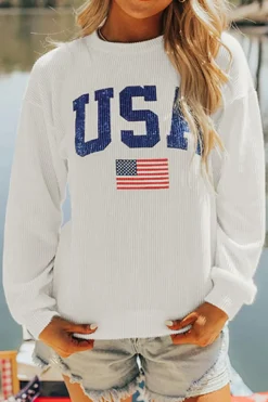 Hot Dear-Lover USA Flag Corded Graphic Sweatshirt White