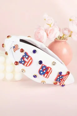 Fashion Dear-Lover USA Flag Gemstone Decor Knotted Wide Headband White