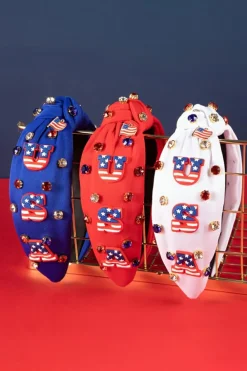 Fashion Dear-Lover USA Flag Gemstone Decor Knotted Wide Headband White