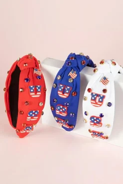 Fashion Dear-Lover USA Flag Gemstone Decor Knotted Wide Headband White