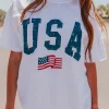 Clearance Dear-Lover USA Flag Graphic Oversized Tee White