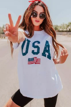 Clearance Dear-Lover USA Flag Graphic Oversized Tee White