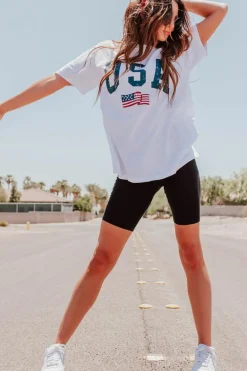 Clearance Dear-Lover USA Flag Graphic Oversized Tee White