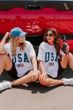 Clearance Dear-Lover USA Flag Graphic Oversized Tee White