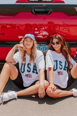Clearance Dear-Lover USA Flag Graphic Oversized Tee White