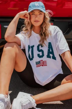 Clearance Dear-Lover USA Flag Graphic Oversized Tee White