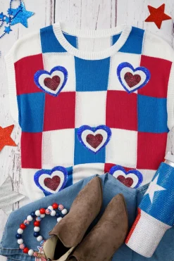 Clearance Dear-Lover USA Flag Inspire Colorblock Plaid Sequin Heart Graphic Short Sleeve Sweater White