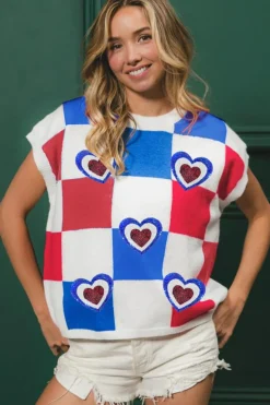 Clearance Dear-Lover USA Flag Inspire Colorblock Plaid Sequin Heart Graphic Short Sleeve Sweater White