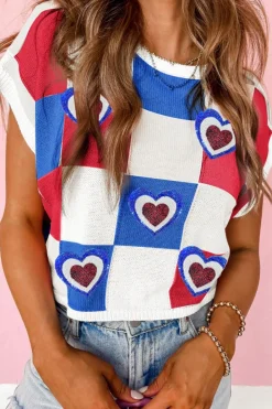 Clearance Dear-Lover USA Flag Inspire Colorblock Plaid Sequin Heart Graphic Short Sleeve Sweater White
