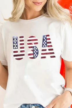 Best Dear-Lover USA Flag Sequin Patched Round Neck T Shirt White