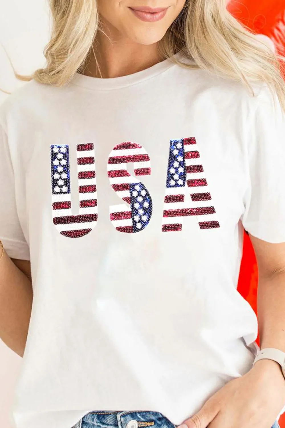 Best Dear-Lover USA Flag Sequin Patched Round Neck T Shirt White