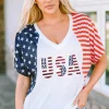Clearance Dear-Lover USA Flag Sequin Patchwork Color Bock T Shirt White