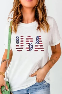 Best Dear-Lover USA Flag Sequin Patched Round Neck T Shirt White