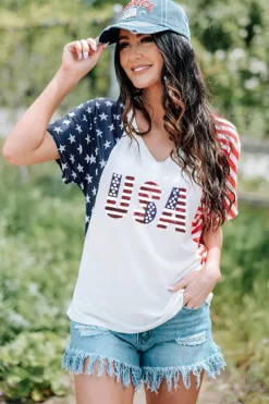 Clearance Dear-Lover USA Flag Sequin Patchwork Color Bock T Shirt White
