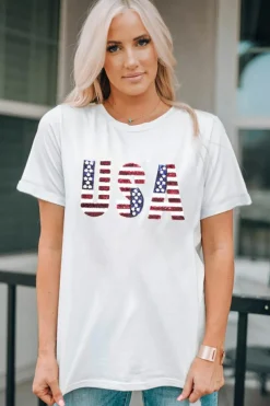 Best Dear-Lover USA Flag Sequin Patched Round Neck T Shirt White