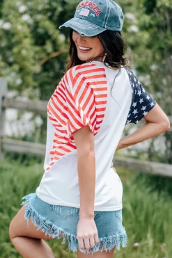 Clearance Dear-Lover USA Flag Sequin Patchwork Color Bock T Shirt White