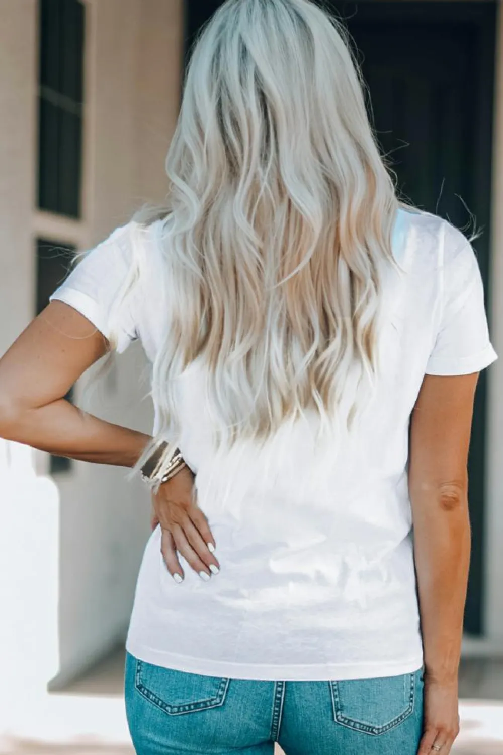 Best Dear-Lover USA Flag Sequin Patched Round Neck T Shirt White