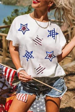 Best Dear-Lover USA Sequin Stars Patched Casual T Shirt White