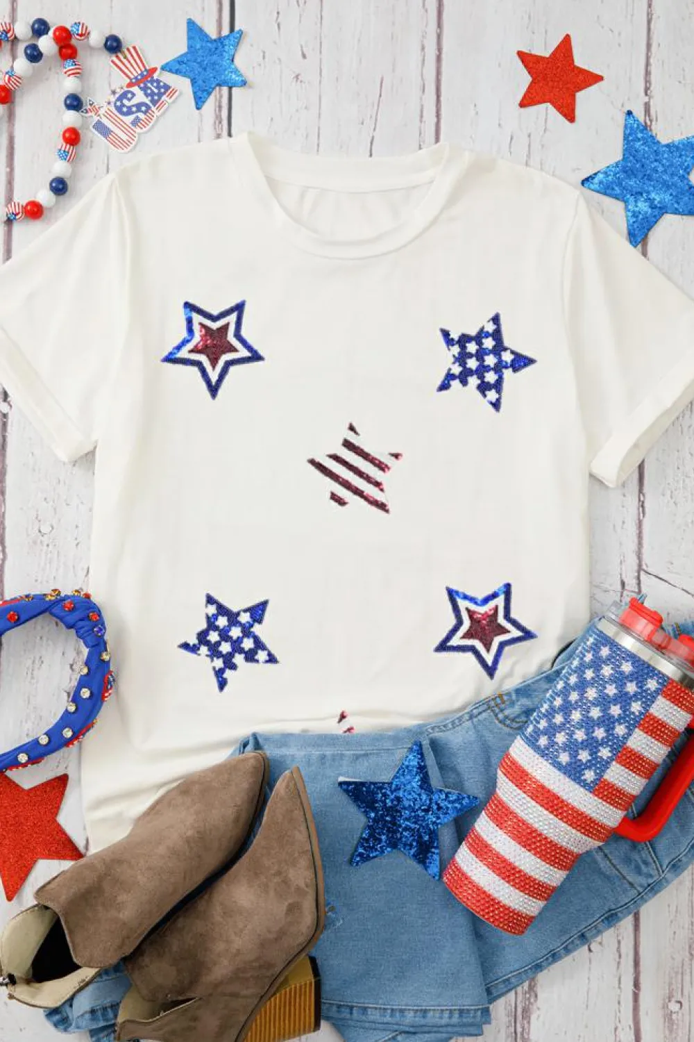 Best Dear-Lover USA Sequin Stars Patched Casual T Shirt White