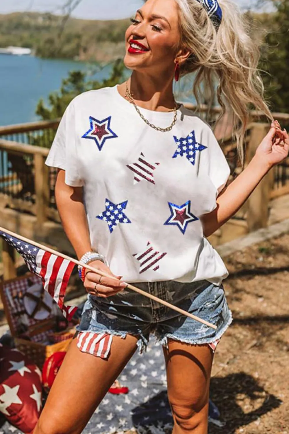 Best Dear-Lover USA Sequin Stars Patched Casual T Shirt White