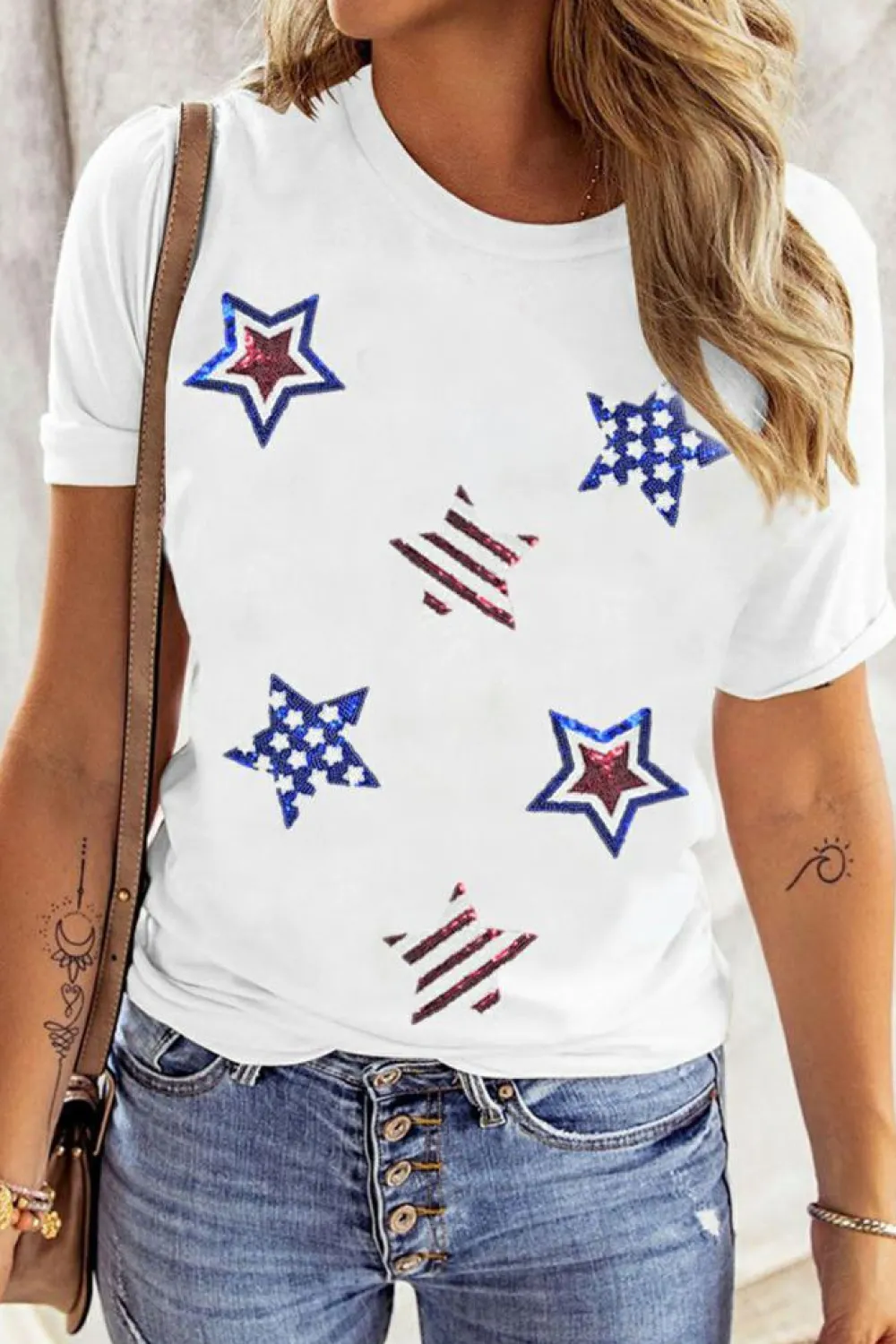 Best Dear-Lover USA Sequin Stars Patched Casual T Shirt White