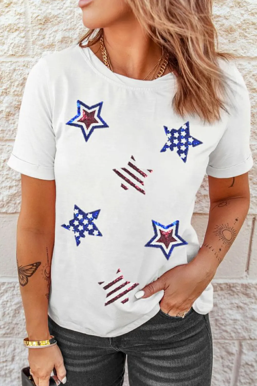 Best Dear-Lover USA Sequin Stars Patched Casual T Shirt White