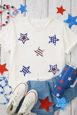 Best Dear-Lover USA Sequin Stars Patched Casual T Shirt White
