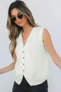 Discount Dear-Lover V Neck Buttoned Sweater Vest White