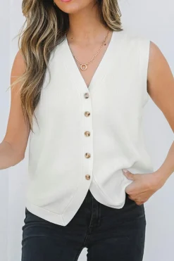 Discount Dear-Lover V Neck Buttoned Sweater Vest White