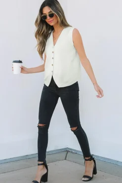 Discount Dear-Lover V Neck Buttoned Sweater Vest White