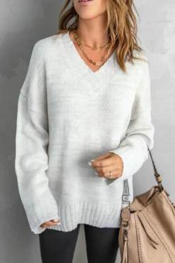 Discount Dear-Lover V neck Drop Shoulder Knitted Sweater White