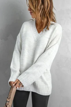 Discount Dear-Lover V neck Drop Shoulder Knitted Sweater White