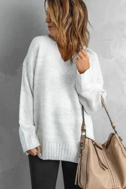 Discount Dear-Lover V neck Drop Shoulder Knitted Sweater White