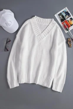 Discount Dear-Lover V neck Drop Shoulder Knitted Sweater White