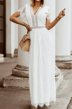 Fashion Dear-Lover V Neck High Waist Lace Maxi Dress White