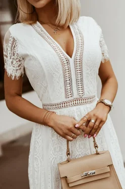 Fashion Dear-Lover V Neck High Waist Lace Maxi Dress White