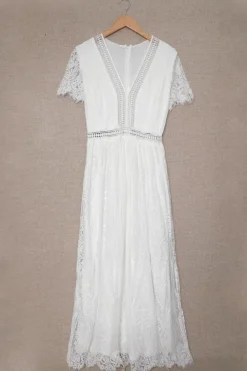 Fashion Dear-Lover V Neck High Waist Lace Maxi Dress White