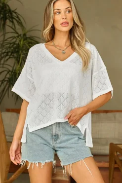 Hot Dear-Lover V Neck Knitted Flowy Blouse White