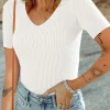 Outlet Dear-Lover V Neck Ribbed Knit Lightweight Short Sleeve Sweater White