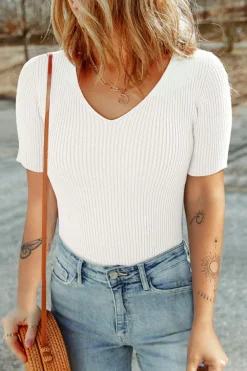 Outlet Dear-Lover V Neck Ribbed Knit Lightweight Short Sleeve Sweater White