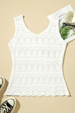 Fashion Dear-Lover V Neck Textured Hollow-out Sweater Vest White