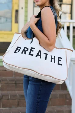 Clearance Dear-Lover Vacation BREATHE Contrast Trim Large Tote Bag White