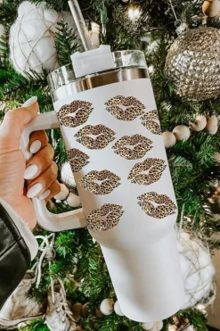 Sale Dear-Lover Valentine Leopard Lips Print Thermos Cup with Straw 40oz White