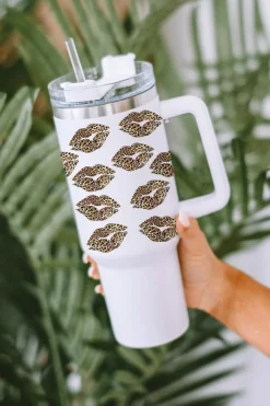 Sale Dear-Lover Valentine Leopard Lips Print Thermos Cup with Straw 40oz White