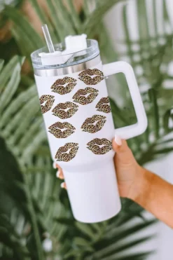 Sale Dear-Lover Valentine Leopard Lips Print Thermos Cup with Straw 40oz White