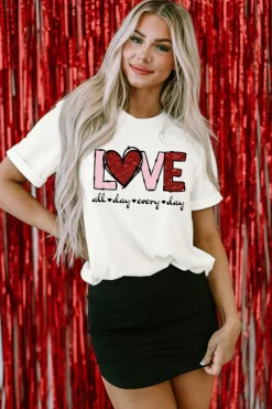 Fashion Dear-Lover Valentine LOVE Heart Shape Crew Neck Graphic Tee White