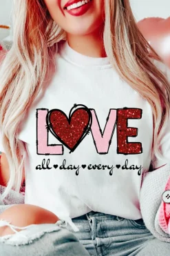 Fashion Dear-Lover Valentine LOVE Heart Shape Crew Neck Graphic Tee White