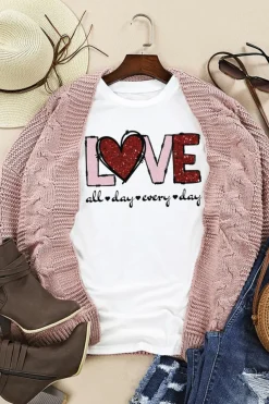 Fashion Dear-Lover Valentine LOVE Heart Shape Crew Neck Graphic Tee White